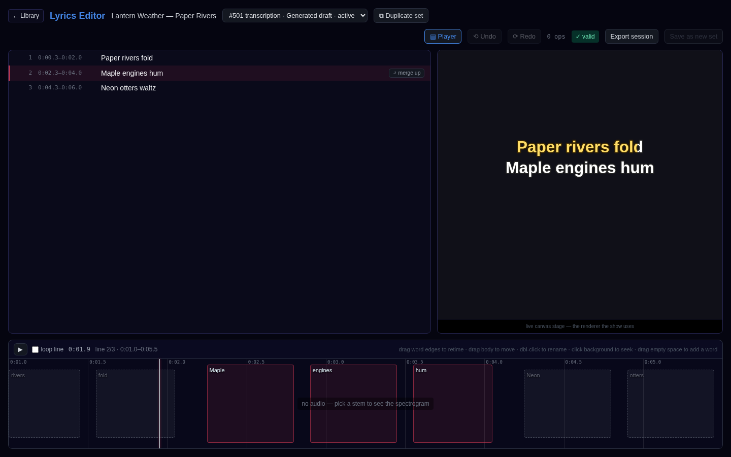 The Singhouse lyrics editor displaying synthetic words, line timing, and word timing controls.