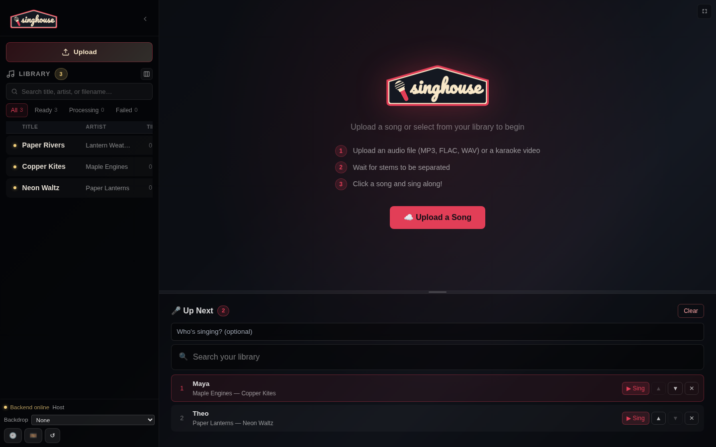 The Singhouse host screen with a demo song library and two singers in the queue.